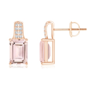7x5mm AA Emerald-Cut Morganite Studs with Diamond Accents in 9K Rose Gold