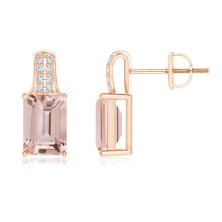 7x5mm AAA Emerald-Cut Morganite Studs with Diamond Accents in Rose Gold