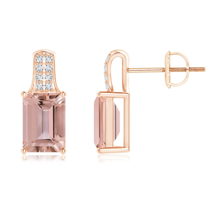 7x5mm AAAA Emerald-Cut Morganite Studs with Diamond Accents in Rose Gold