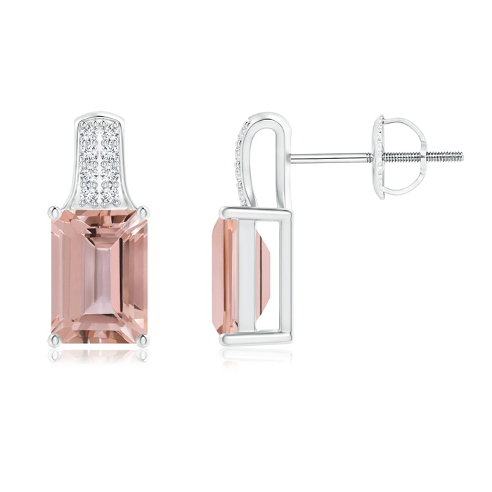 7x5mm AAAA Emerald-Cut Morganite Studs with Diamond Accents in White Gold