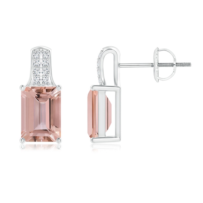 7x5mm AAAA Emerald-Cut Morganite Studs with Diamond Accents in White Gold 