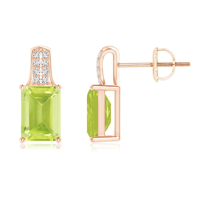 7x5mm A Emerald-Cut Peridot Studs with Diamond Accents in Rose Gold 