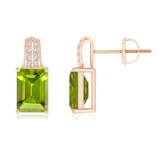 7x5mm AAA Emerald-Cut Peridot Studs with Diamond Accents in 10K Rose Gold