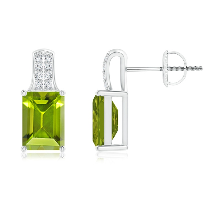 7x5mm AAA Emerald-Cut Peridot Studs with Diamond Accents in White Gold 