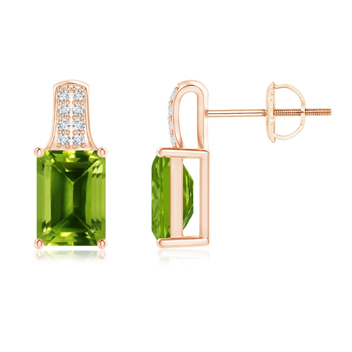 7x5mm AAAA Emerald-Cut Peridot Studs with Diamond Accents in Rose Gold