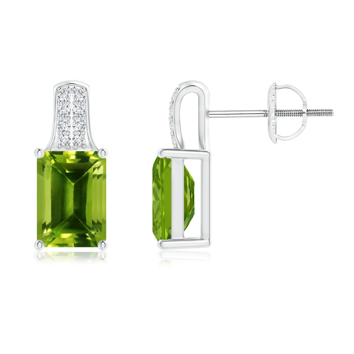 7x5mm AAAA Emerald-Cut Peridot Studs with Diamond Accents in White Gold