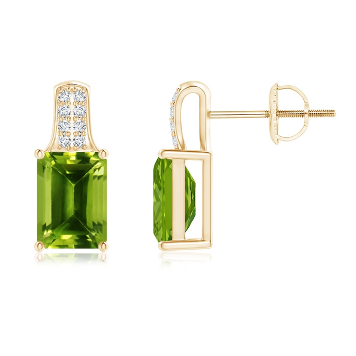 7x5mm AAAA Emerald-Cut Peridot Studs with Diamond Accents in Yellow Gold