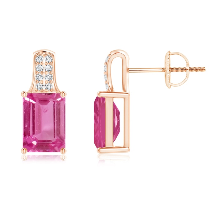 7x5mm AAAA Emerald-Cut Pink Sapphire Studs with Diamond Accents in Rose Gold