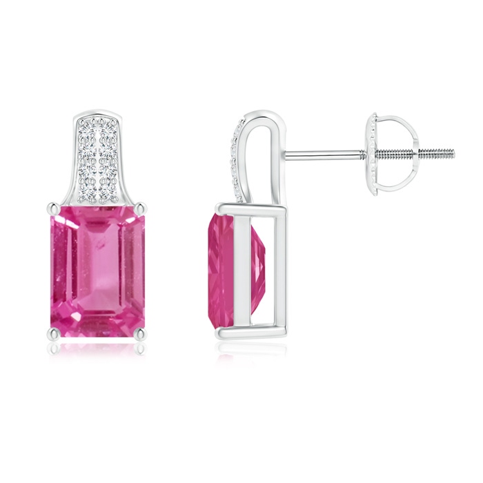 7x5mm AAAA Emerald-Cut Pink Sapphire Studs with Diamond Accents in White Gold