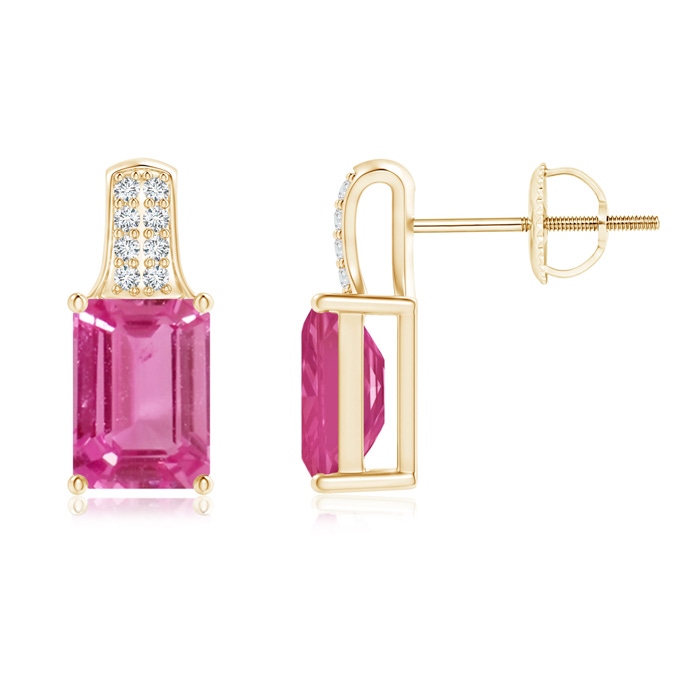 7x5mm AAAA Emerald-Cut Pink Sapphire Studs with Diamond Accents in Yellow Gold