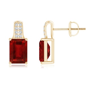 7x5mm AAAA Emerald-Cut Ruby Studs with Diamond Accents in Yellow Gold