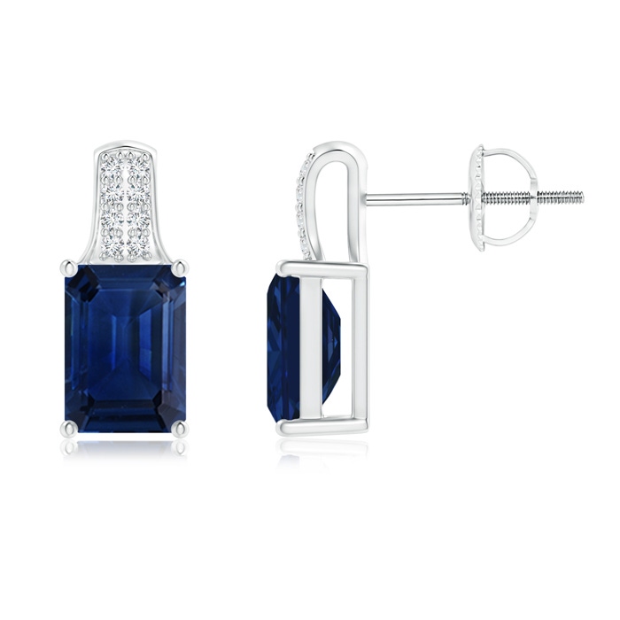 7x5mm AAA Emerald-Cut Sapphire Studs with Diamond Accents in White Gold 