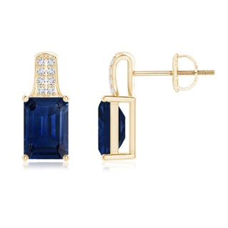 7x5mm AAA Emerald-Cut Sapphire Studs with Diamond Accents in Yellow Gold