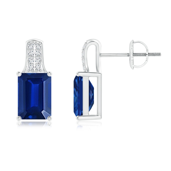 7x5mm Lab-Grown Emerald-Cut Sapphire Studs with Diamond Accents in White Gold