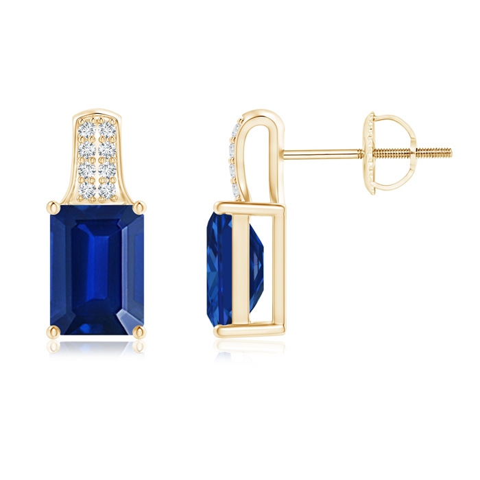 7x5mm AAAA Emerald-Cut Sapphire Studs with Diamond Accents in Yellow Gold 