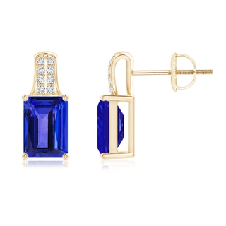 7x5mm AAAA Emerald-Cut Tanzanite Studs with Diamond Accents in Yellow Gold