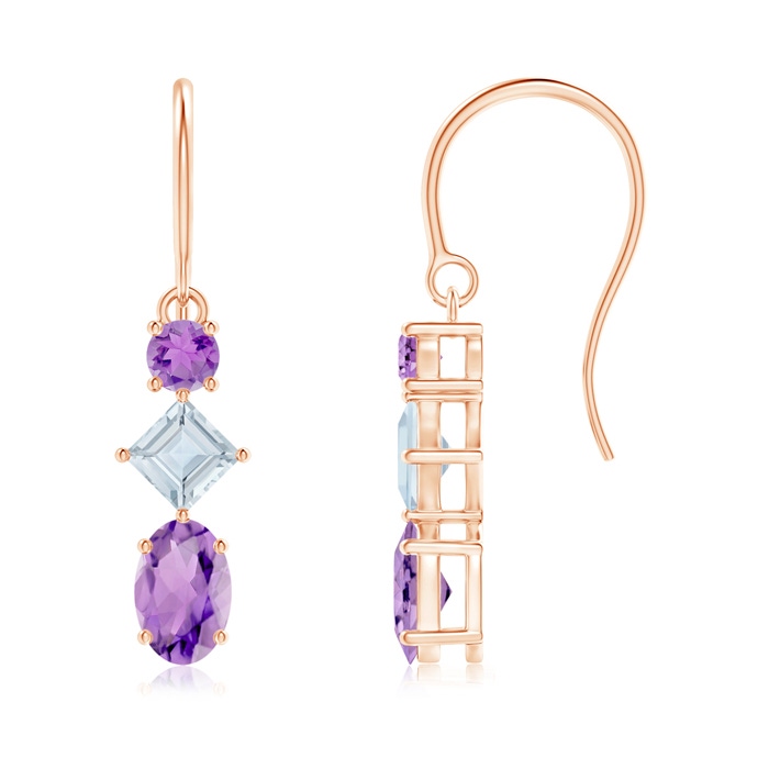 6x4mm A Fish-Hook Amethyst and Aquamarine Three Stone Drop Earrings in Rose Gold 