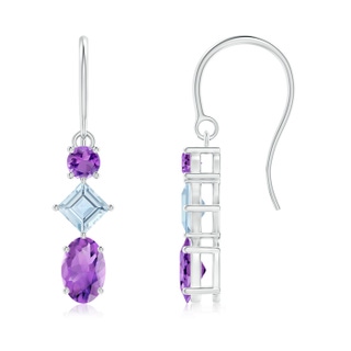 6x4mm AA Fish-Hook Amethyst and Aquamarine Three Stone Drop Earrings in S999 Silver
