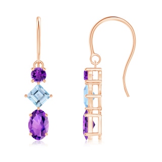 6x4mm AAA Fish-Hook Amethyst and Aquamarine Three Stone Drop Earrings in Rose Gold