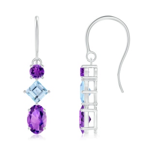 6x4mm AAA Fish-Hook Amethyst and Aquamarine Three Stone Drop Earrings in S999 Silver