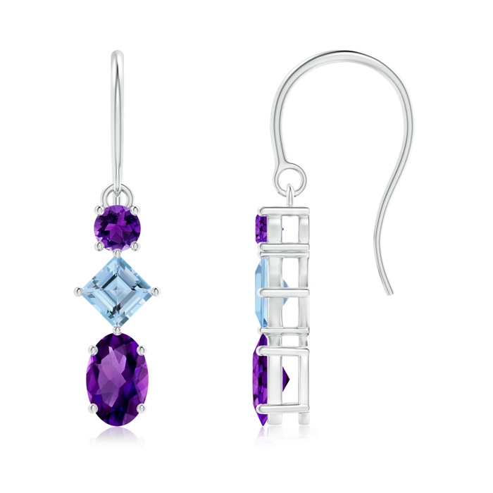 6x4mm AAAA Fish-Hook Amethyst and Aquamarine Three Stone Drop Earrings in S999 Silver