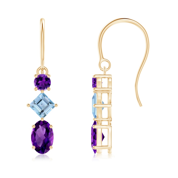 6x4mm AAAA Fish-Hook Amethyst and Aquamarine Three Stone Drop Earrings in Yellow Gold