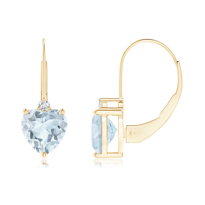 6mm A Solitaire Heart Aquamarine and Diamond Leverback Earrings in Yellow Gold 