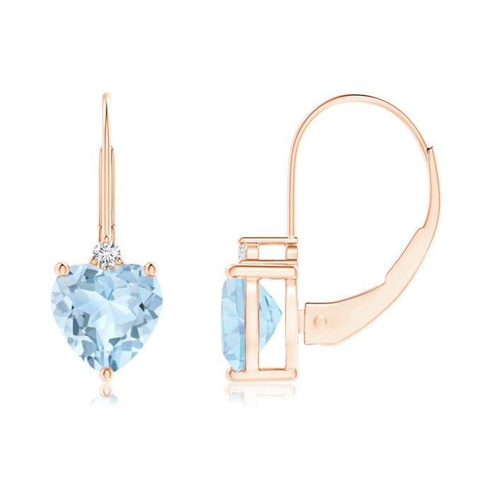 6mm AA Solitaire Heart Aquamarine and Diamond Leverback Earrings in Rose Gold 