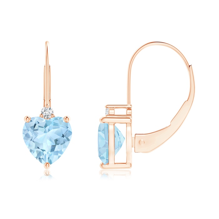 6mm AAA Solitaire Heart Aquamarine and Diamond Leverback Earrings in Rose Gold 