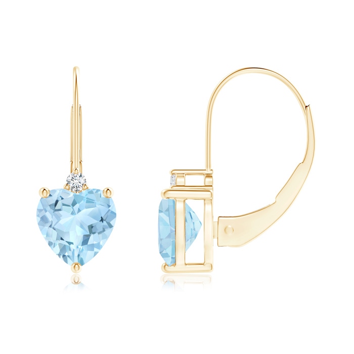 6mm AAA Solitaire Heart Aquamarine and Diamond Leverback Earrings in Yellow Gold 