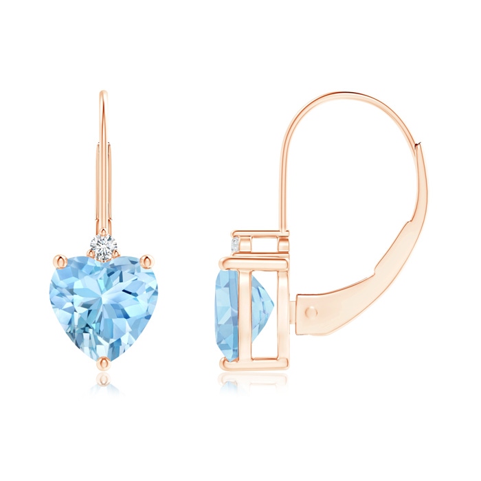 6mm AAAA Solitaire Heart Aquamarine and Diamond Leverback Earrings in Rose Gold