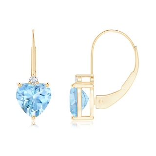 6mm AAAA Solitaire Heart Aquamarine and Diamond Leverback Earrings in Yellow Gold