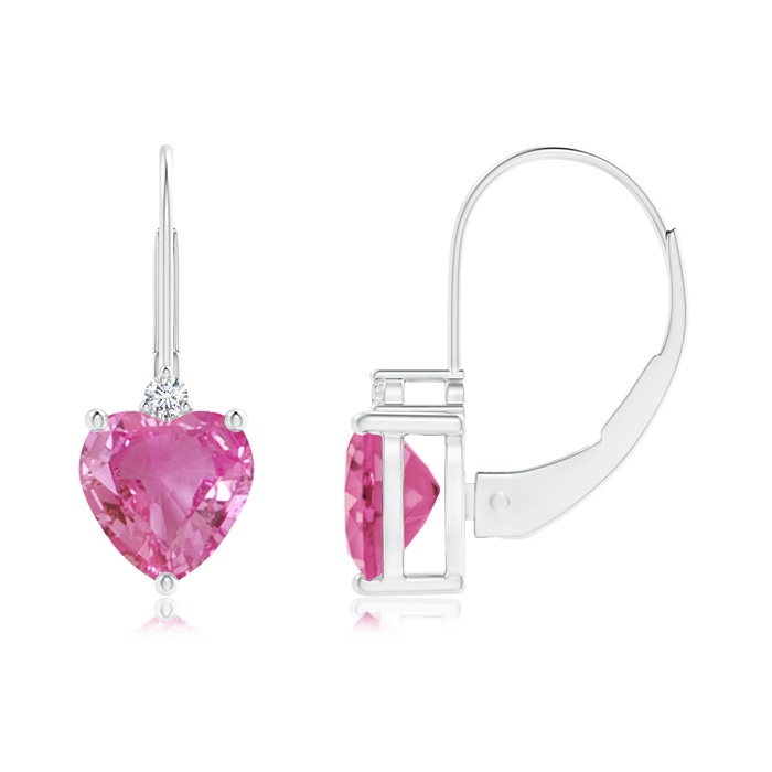 6mm AAA Solitaire Heart Pink Sapphire and Diamond Leverback Earrings in White Gold