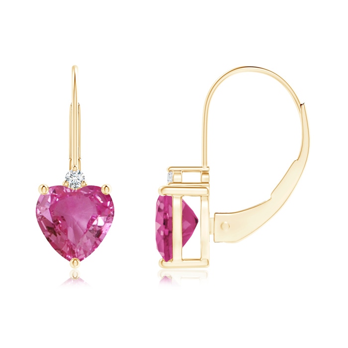 6mm AAAA Solitaire Heart Pink Sapphire and Diamond Leverback Earrings in Yellow Gold