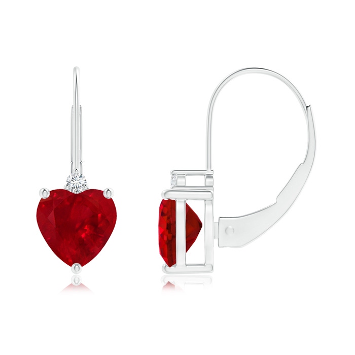 6mm AAA Solitaire Heart Ruby and Diamond Leverback Earrings in White Gold