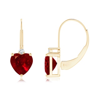 6mm AAAA Solitaire Heart Ruby and Diamond Leverback Earrings in Yellow Gold
