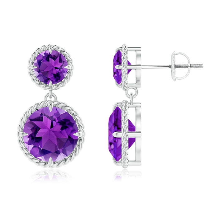 8mm AAA Rope Framed Claw-Set Amethyst Double-Drop Earrings in White Gold 