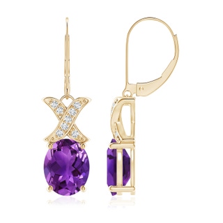 10x8mm AAAA Amethyst and Diamond XO Leverback Drop Earrings in 9K Yellow Gold