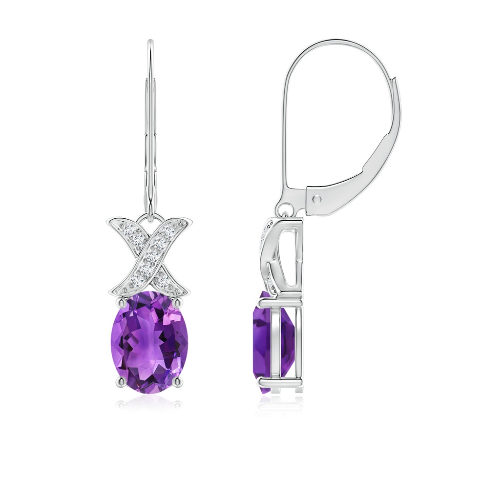 8x6mm AAA Amethyst and Diamond XO Leverback Drop Earrings in White Gold