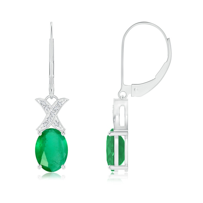8x6mm A Emerald and Diamond XO Leverback Drop Earrings in White Gold 