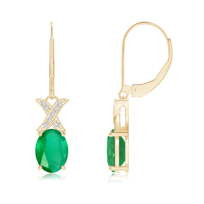8x6mm A Emerald and Diamond XO Leverback Drop Earrings in Yellow Gold 