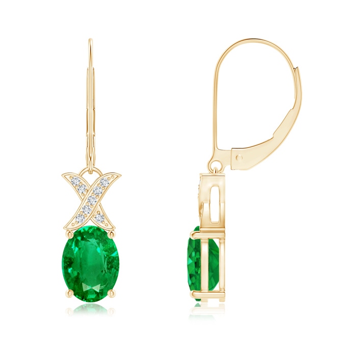 8x6mm AAA Emerald and Diamond XO Leverback Drop Earrings in Yellow Gold 