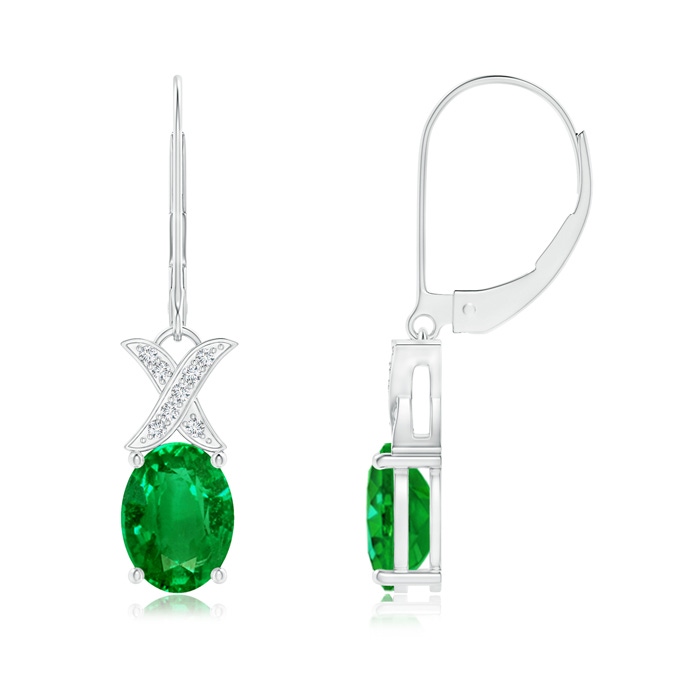 8x6mm AAAA Emerald and Diamond XO Leverback Drop Earrings in White Gold