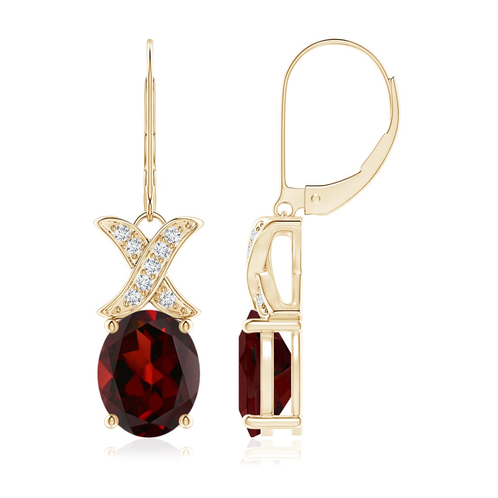 10x8mm AAA Garnet and Diamond XO Leverback Drop Earrings in 10K Yellow Gold