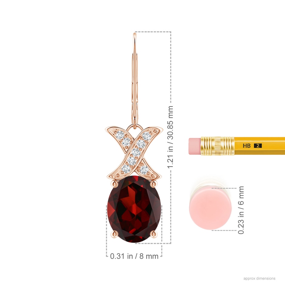 10x8mm AAA Garnet and Diamond XO Leverback Drop Earrings in Rose Gold ruler