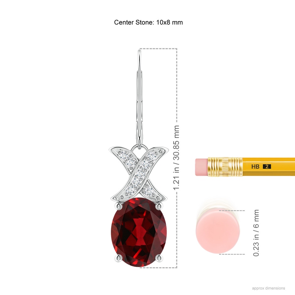 10x8mm AAAA Garnet and Diamond XO Leverback Drop Earrings in P950 Platinum ruler