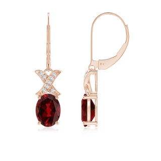 8x6mm AAAA Garnet and Diamond XO Leverback Drop Earrings in Rose Gold