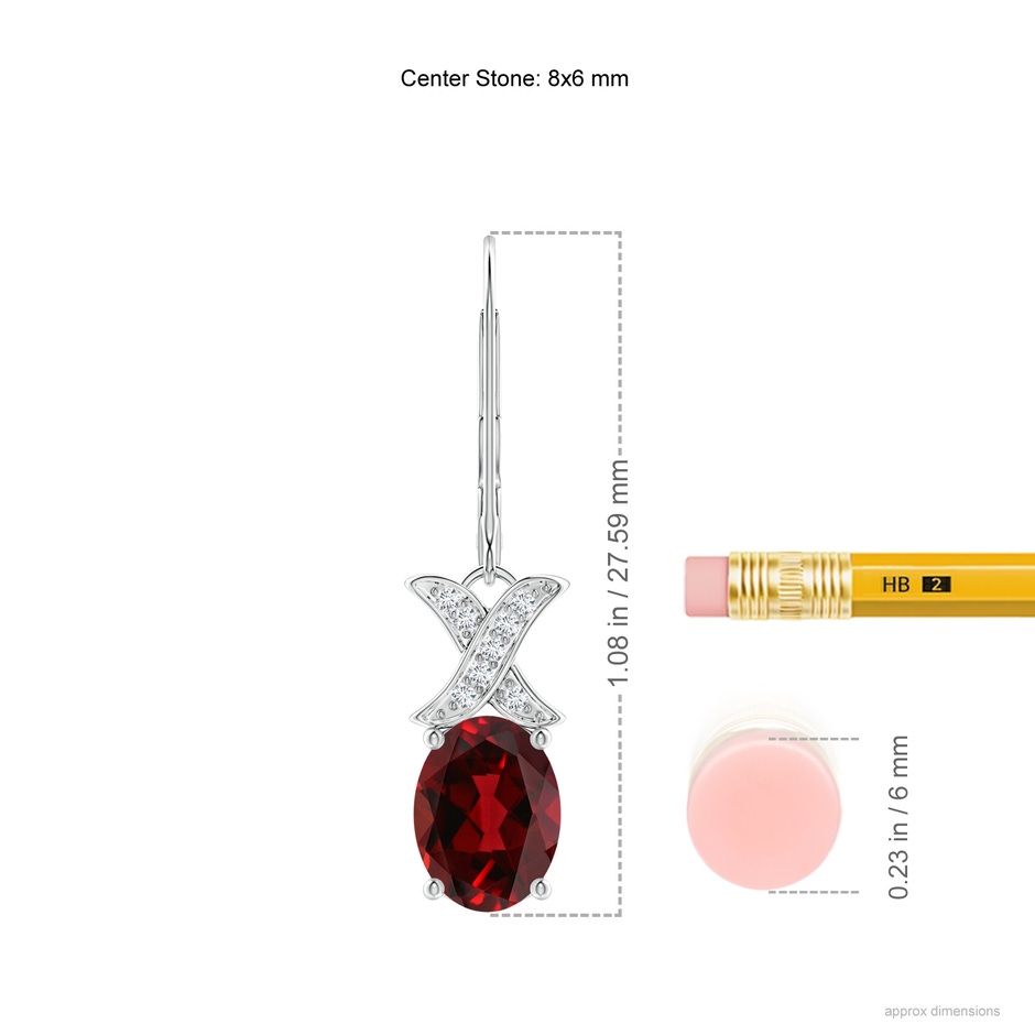 8x6mm AAAA Garnet and Diamond XO Leverback Drop Earrings in White Gold ruler