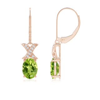 8x6mm AAA Peridot and Diamond XO Leverback Drop Earrings in Rose Gold