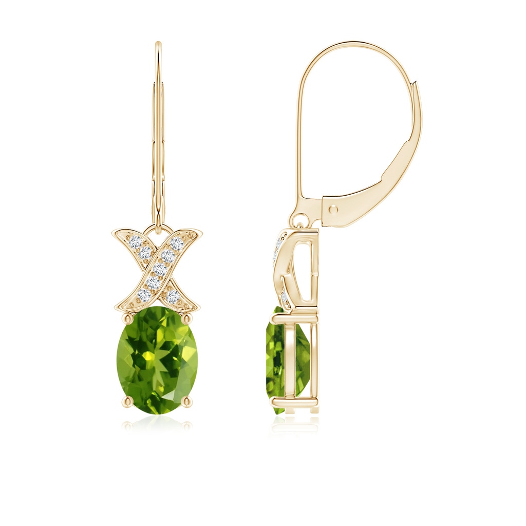 8x6mm AAAA Peridot and Diamond XO Leverback Drop Earrings in Yellow Gold